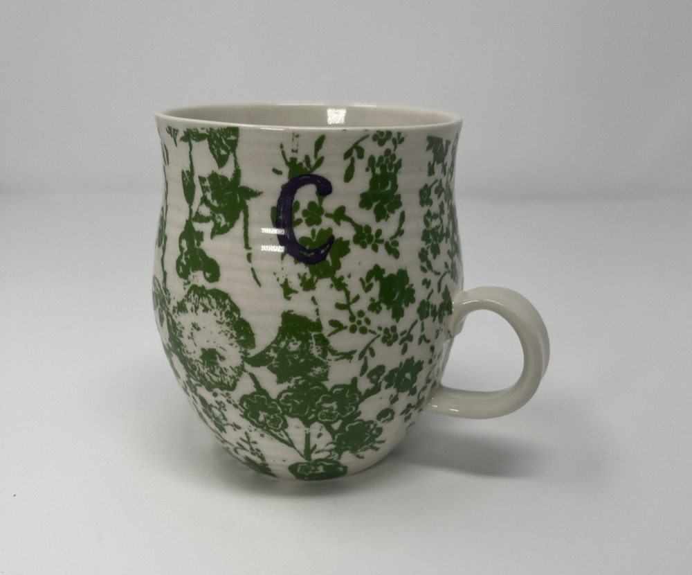 Anthropologie Initial C Mug Homegrown Boho Green Floral Monogram 14 Oz